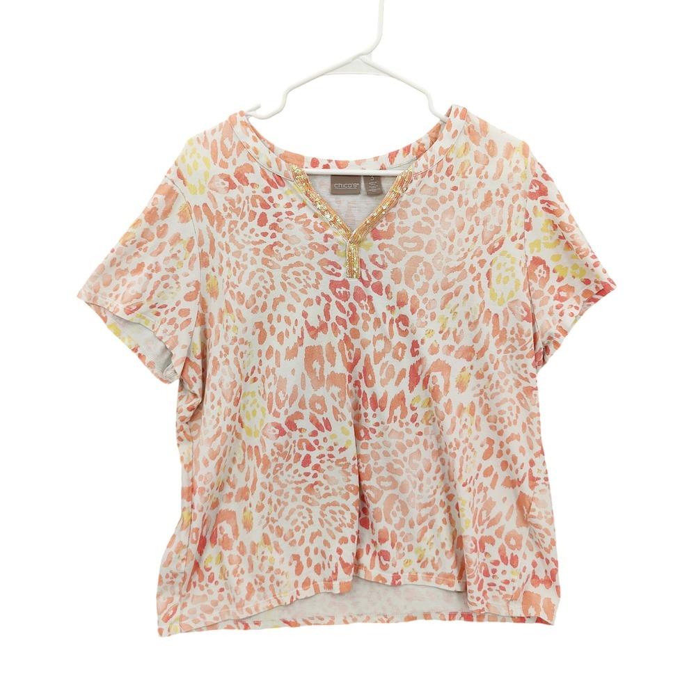 Chicos Women 3 XL Animal Leopard Sequin Mature Short Sleeve Blouse Orange Yellow